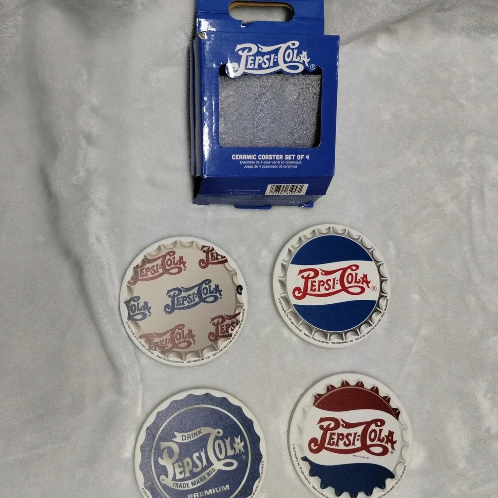 Pepsi Cola Ceramic Coaster Set of 4 Bottle Cap Style Retro Soda‎ Bar Decor